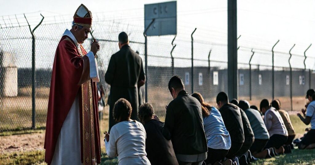 Uroczysta msza na zewnątrz kościoła z grupą wierzących modlących się przed ośrodkiem detencyjnym.
