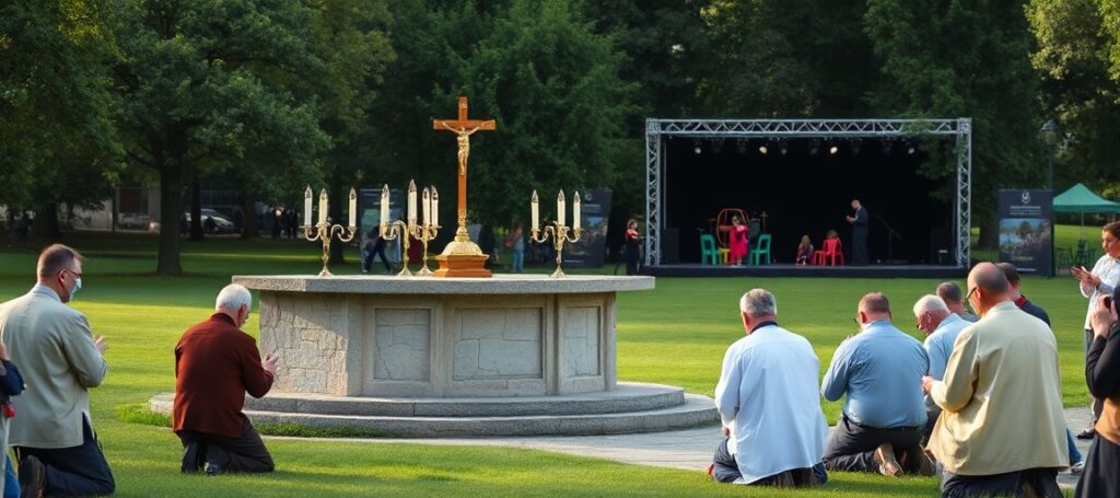 Obraz przedstawiający tradycyjną katolicką Mszę Świętą w parku z kontrastem między sakralnością liturgii a świeckimi atrakcjami w tle.