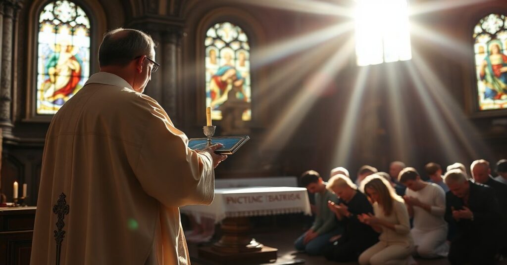 Tradycyjna katolicka msza święta z prezbiterem trzymającym monstrancję z Najświętszym Sakramentem przed ołtarzem w promieniach słońca
