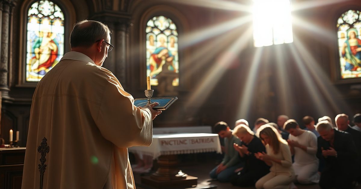 Tradycyjna katolicka msza święta z prezbiterem trzymającym monstrancję z Najświętszym Sakramentem przed ołtarzem w promieniach słońca