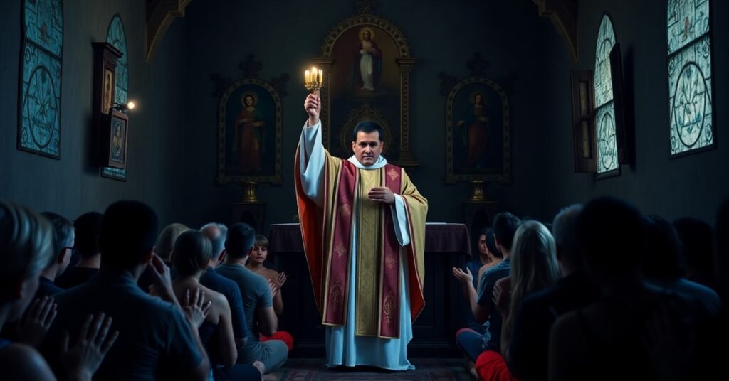 Ksiądz w tradycyjnych szatach celebrujący Mszę Świętą w ukrytej kaplicy w Nikaragui podczas prześladowania Kościoła przez reżim Ortegi