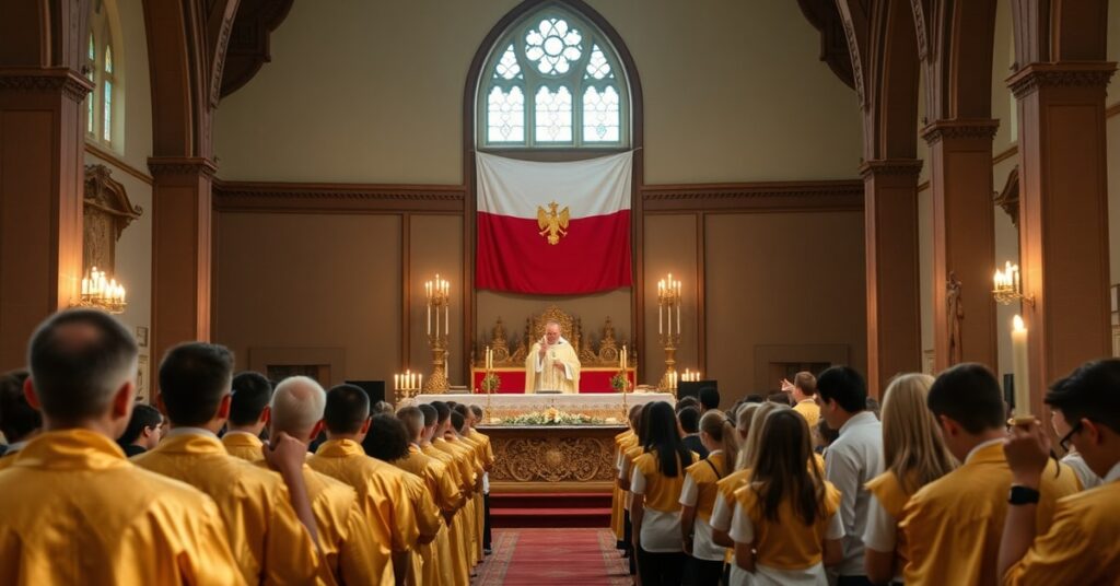 Uroczysta Msza Święta w tradycyjnym rycie rzymskim z udziałem biskupa Łukasza Buzuna w diecezjalnym technikum w Kaliszu – symbolizująca kontrowersyjne połączenie symboli państwowych z sakralnym ceremoniałem