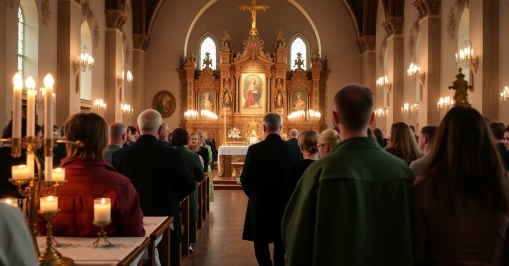 Fotografia Mszy Świętej w Sanktuarium Błogosławionych Męczenników Podlaskich w Pratulinie. Scena wciera się w tradycyjną katolicką modlitwę i uwielbienie.