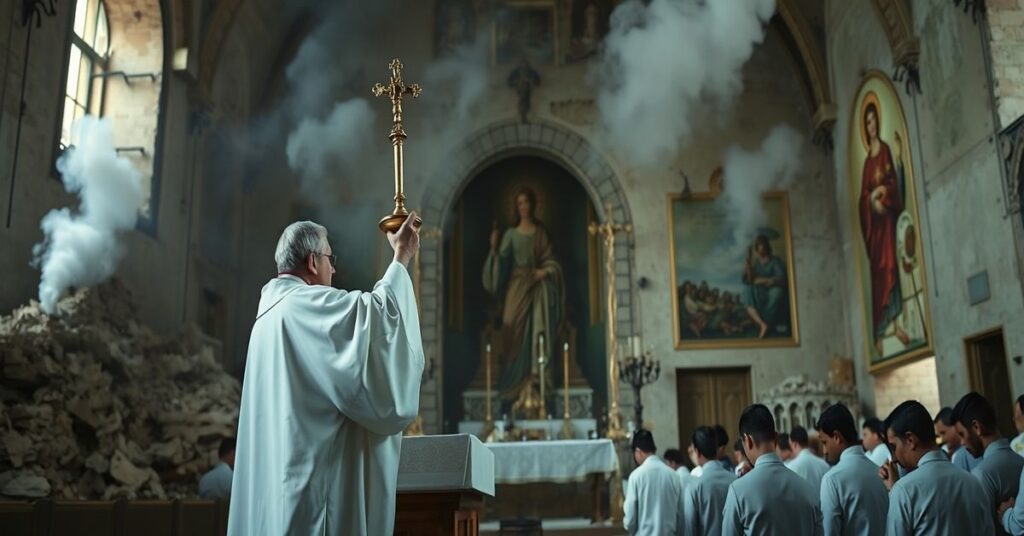 Uroczysta msza w bombowanym kościele w Bagdadzie podczas ataku na ambasadę USA