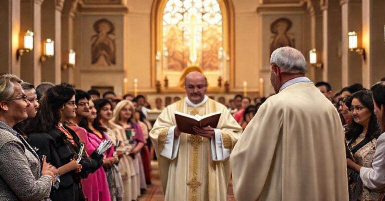 Wnętrze kościoła z tradycyjnym ołtarzem podczas mszy w czterech językach. Biskup w szatach liturgicznych przewodzi liturgii, podczas gdy różnorodna grupa osób wykazuje niezadowolenie z nowoczesnych zabiegów.