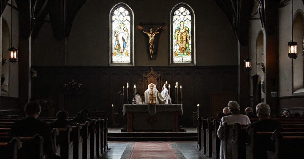 Wnętrze kościoła w Szklarce Radnickiej podczas mszy. Stary ołtarz z krucyfiksem i zapalonymi świecami. Kleryk w tradycyjnej szacie liturgicznej. Wierni modlący się w ciszy.