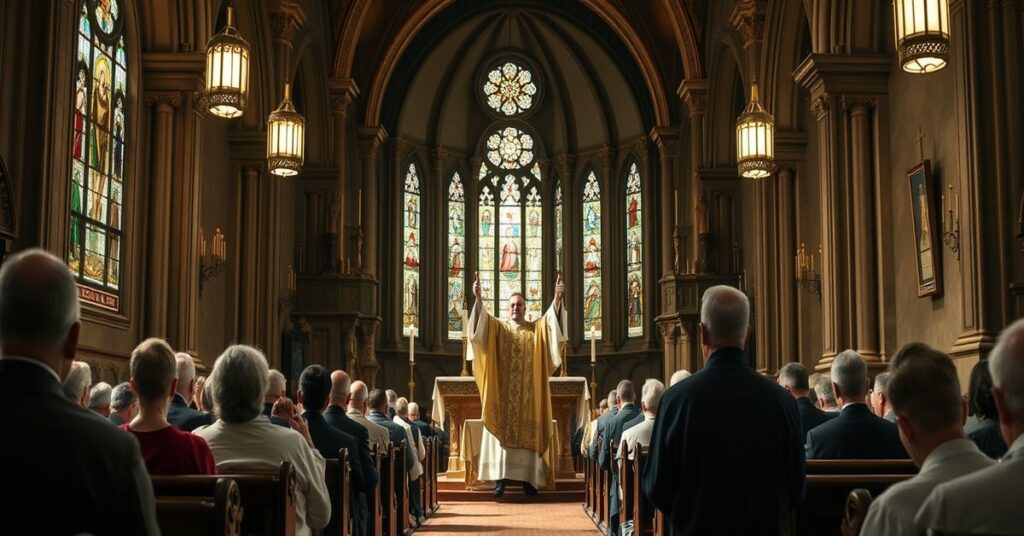 Tradycyjna katolicka msza w rytach trydenckich z podniesionym Hostią podczas konsekracji w historycznej kaplicy z wiernymi w modlitwie.