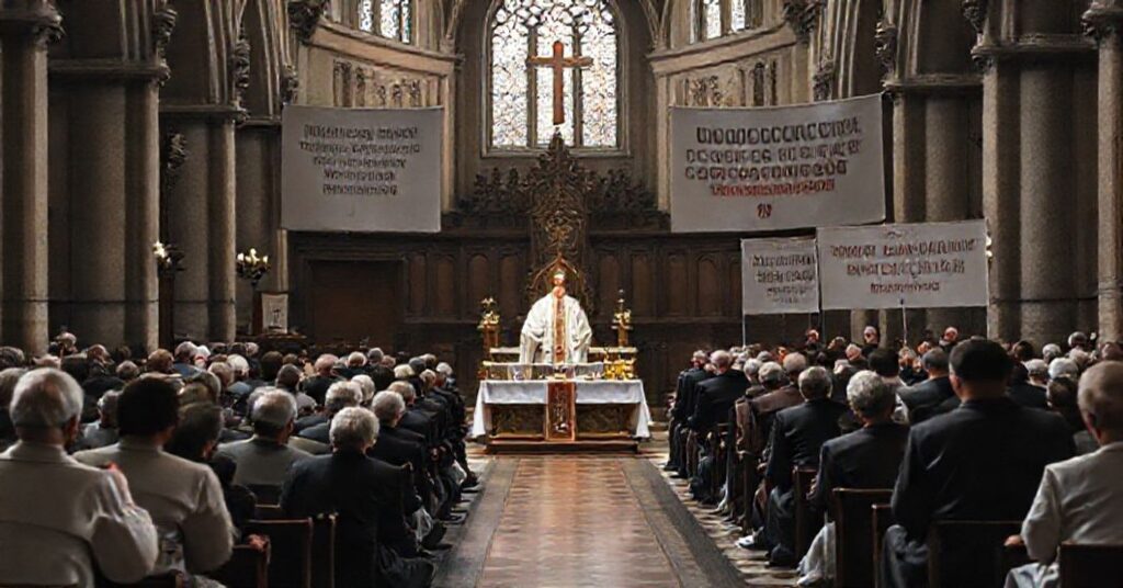 Tradycyjna msza święta w kościele z kontrastem z modernistycznym spotkaniem neo-katolików w Łodzi.