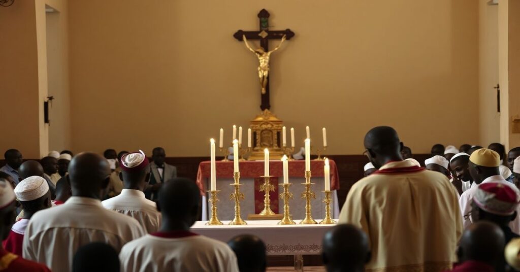 Tradycyjna msza katolicka w Angoli z grupą wiernych modlących się przed ołtarzem z krzyżem i świecami.
