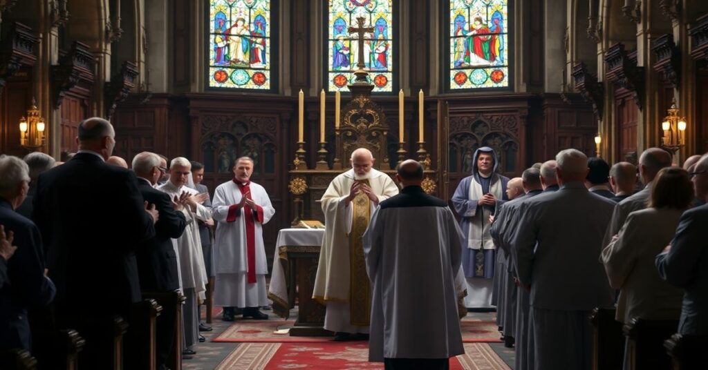 Tradycyjna msza św. według mszału św. Piusa V z sedewakantystą w szatach liturgicznych oraz wiernymi w modlitwie. Na tle stoją przedstawiciele KEP ośmieszający prawdziwą wiarę.