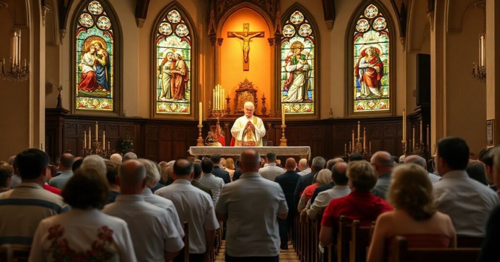 Tradycyjna msza katolicka w kościele z kapłanem w ornaty i wiernymi w modlitwie.