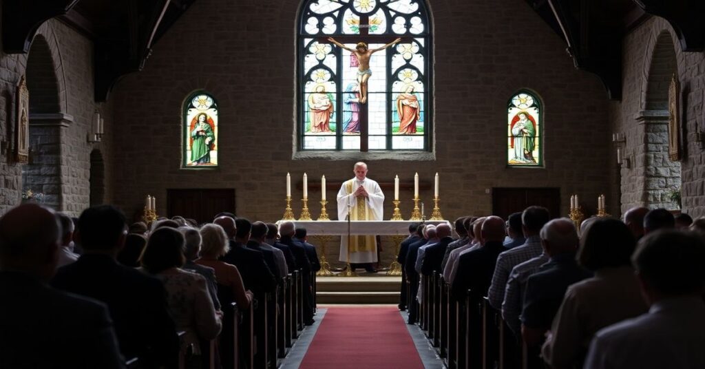 Uroczysta msza katolicka w tradycyjnym kościele z księdzem w ornacie i nabożną społecznością