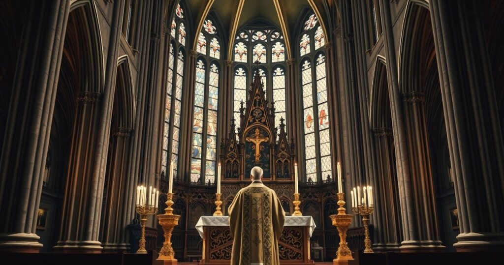 Reverentna scena Mszy trydenckiej w gotyckim kościele z kapłanem w liturgicznych szatach, podkreślająca świętość i majestat religii katolickiej