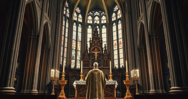 Reverentna scena Mszy trydenckiej w gotyckim kościele z kapłanem w liturgicznych szatach, podkreślająca świętość i majestat religii katolickiej