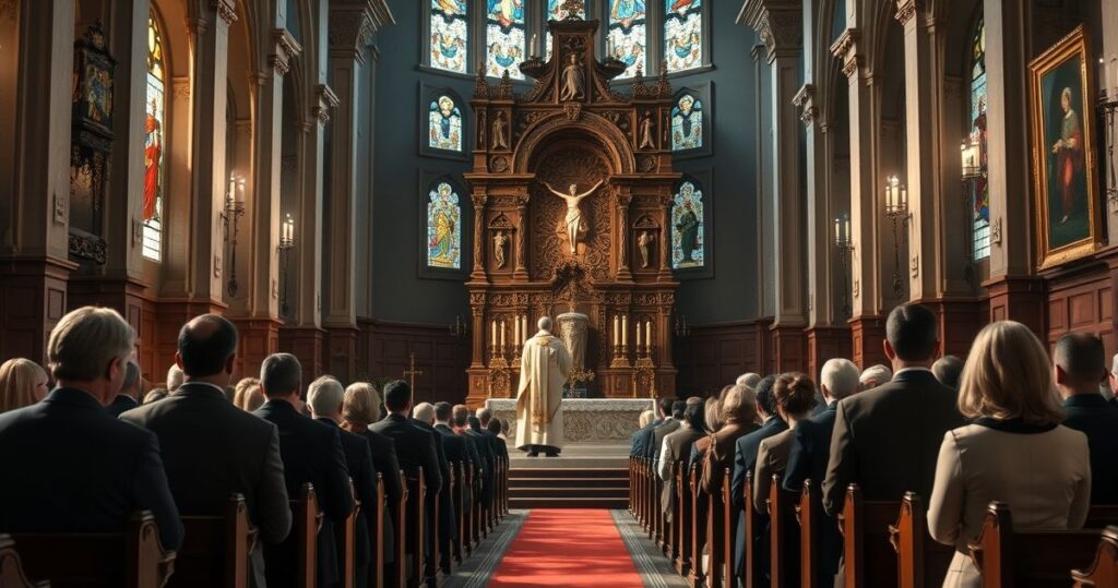Realistyczne, pobożne wnętrze kościoła katolickiego z kapłanem celebrującym Mszę świętą, wiernymi w modlitwie, podkreślające powagę i świętość liturgii.