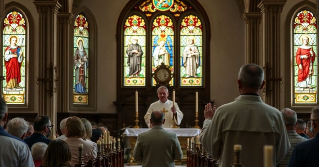 Tradycyjna katolicka msza w historycznym kościele polskim z podniesionym Hostią podczas konsekracji.