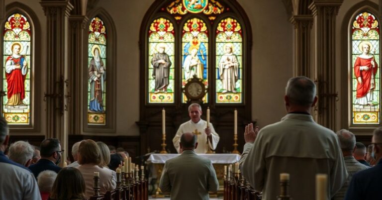 Tradycyjna katolicka msza w historycznym kościele polskim z podniesionym Hostią podczas konsekracji.
