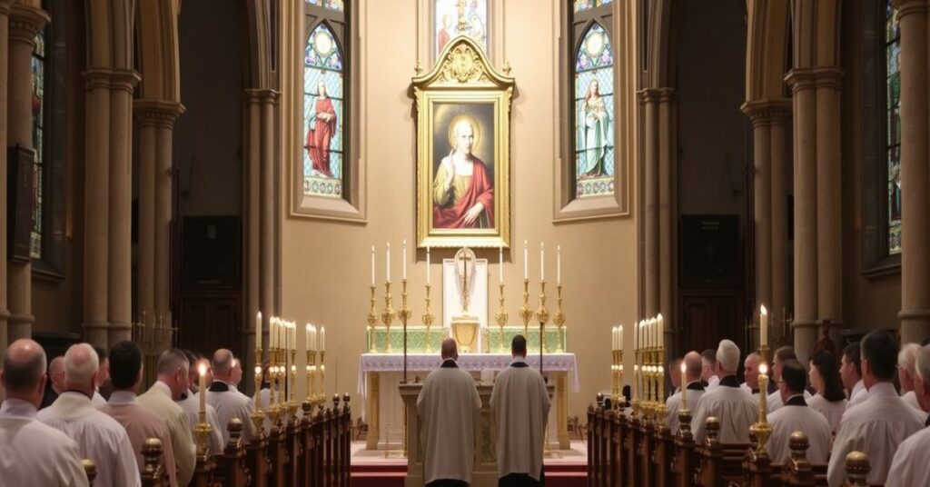 Wnętrze kościoła z tradycyjną mszą trydencką w Sanktuarium Błogosławionego Stefana Frelichowskiego w Toruniu.