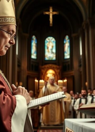 Tradycyjna Msza katolicka w kościele sedevacantystycznym Obraz przedstawiający tradycyjną Mszę w katolickim kościele, symbolizujący odrzucenie modernistycznych reform i wierność tradycji katolickiej według sedevacantystów.