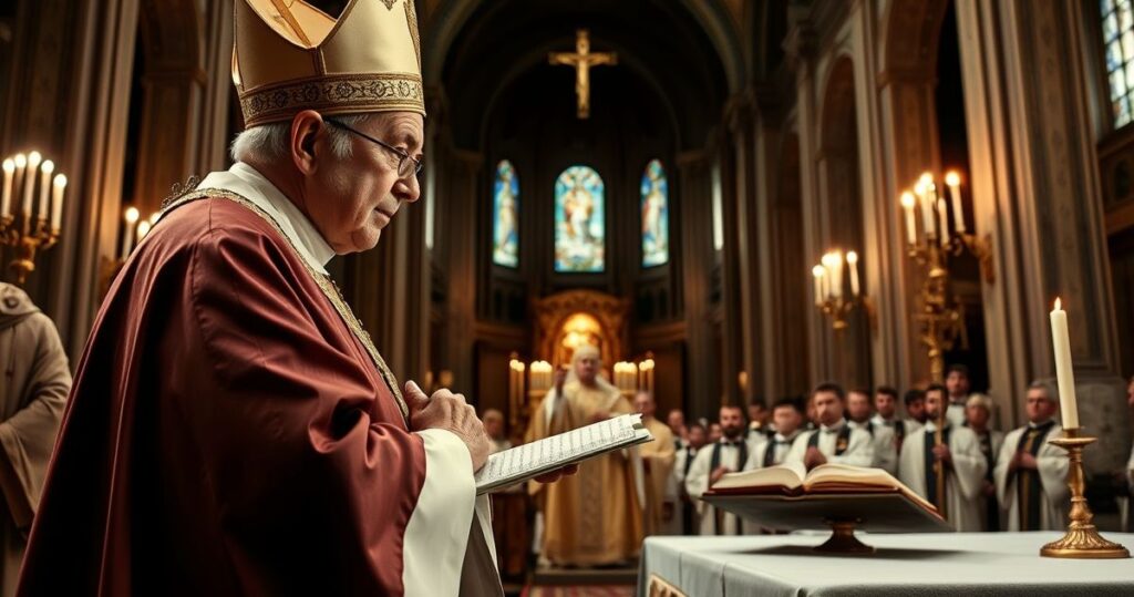 Obraz przedstawiający tradycyjną Mszę w katolickim kościele, symbolizujący odrzucenie modernistycznych reform i wierność tradycji katolickiej według sedevacantystów.