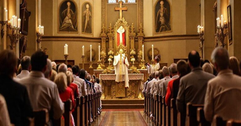 Uroczysta msza w tradycyjnym kościele katolickim, z wiernymi klęczącymi przed ołtarzem zdobionym świecami i ikonami religijnymi. Ksiądz w tradycyjnych szatach liturgicznych podnosi konsekrowane hostię podczas modlitwy eucharystycznej.