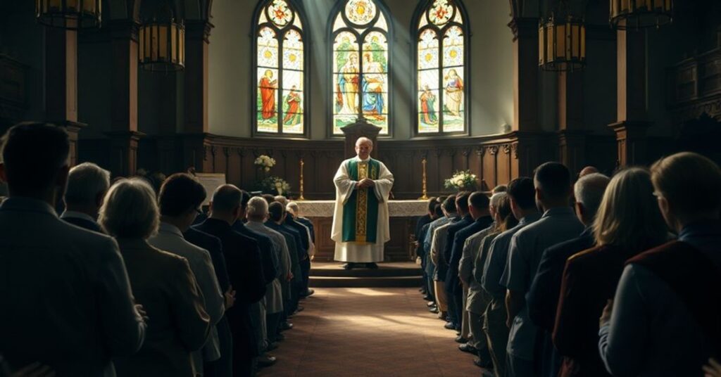 Cerkiew tradycyjna z kapłanem w parametrach świętej mszy, wierni modlący się w uroczystym otoczeniu.