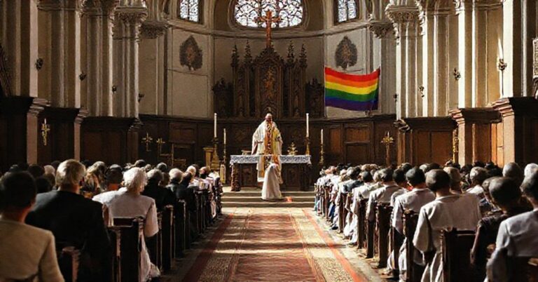 Wnętrze kościoła z tradycyjną Mszą św. Trydencką w toku, z biskupem w ornacie przy ołtarzu i modlącymi się wiernymi. Scena podkreśla piękno rytu i jego profanację przez nowoczesne elementy.