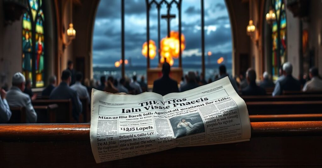 Tradycyjna msza w katolickim kościele z widokiem na wojnę poza oknem.