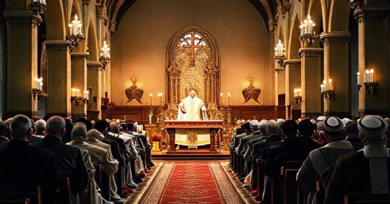 Tradycyjna msza katolicka w kościele z księdzem w ornacie otoczonym wierzącymi. Tło przedstawia sympozjum ekumeniczne z rabami i świeckimi przywódcami.