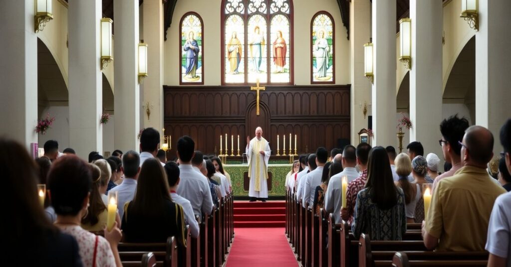 Tradycyjna msza katolicka w Singapurze z poważną grupą wiernych, w tym Wang Xi Heng i Susanna Bay.