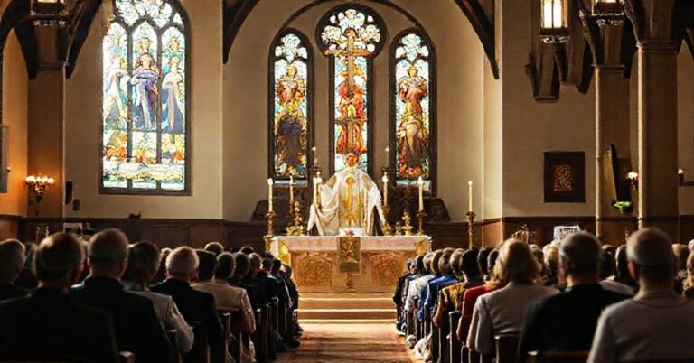 Tradycyjna msza katolicka w kościele z kapłanem w pełnym strój liturgiczny, z wiernymi modlącymi się na kolanach.