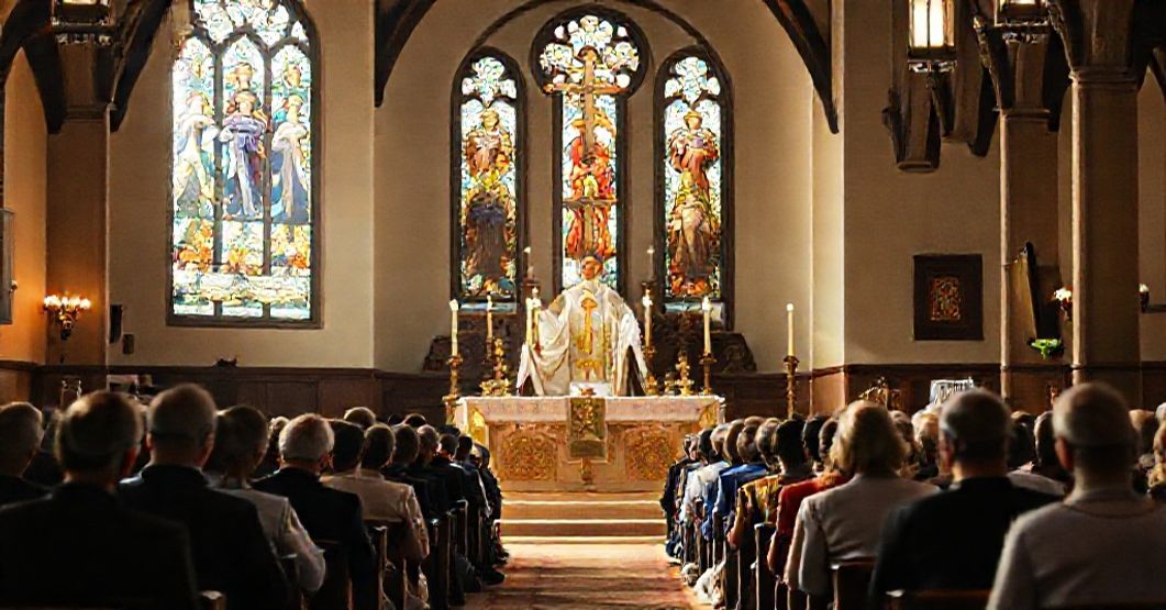 Tradycyjna msza katolicka w kościele z kapłanem w pełnym strój liturgiczny, z wiernymi modlącymi się na kolanach.