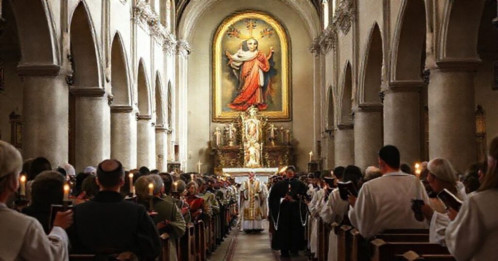 Tradycyjna msza katolicka w Wrocławiu z udziałem wiernych i duchowieństwa tradycjonalistycznego.