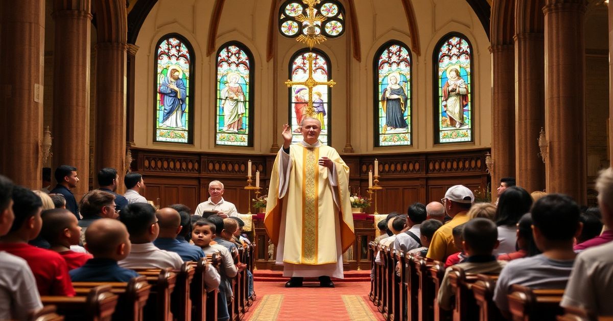 Tradycyjna msza w języku łacińskim z migrującymi dziećmi na przodzie. Kapłan w pełnych ornatach trzyma monstrancję z Najświętszym Sakramentem podczas adoracji.