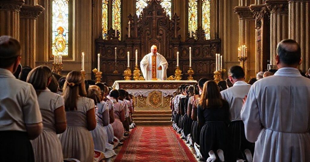 Grupa młodych ludzi modli się podczas Mszy Trydenckiej, z biskupem w pełnych ornamentach liturgicznych stojącym przy ołtarzu.