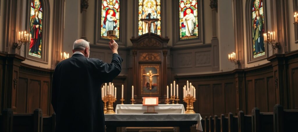 Uroczysta Msza Trydencka w stylu barokowym – kapłan w szatach liturgicznych podnosi kielich podczas świętej Ofiary w kaplicy ozdobionej witrażami ze świętymi.