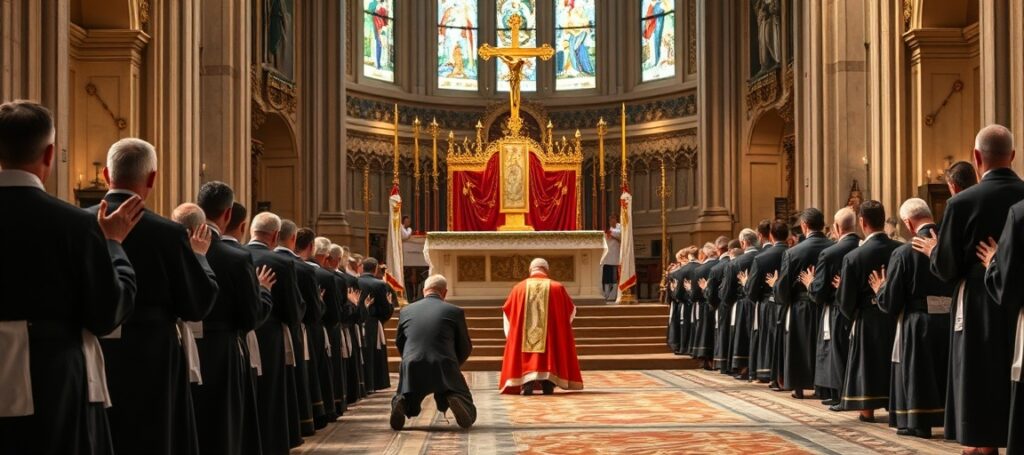 Uroczysta Msza Trydencka celebrowana przez kardynała Gerharda Ludwiga Müllera w tradycyjnym rycie rzymskim w barokowym kościele. Kardynał modli się na kolanach przed ołtarzem z orszakiem księży w tradycyjnych szatach liturgicznych. W tle wierni uczestniczą w nabożeństwie z oddaniem.