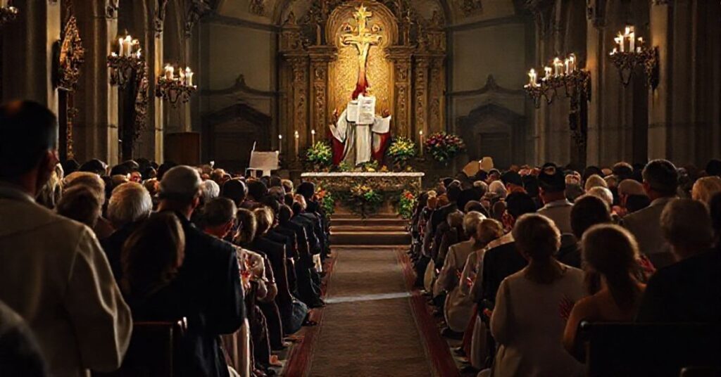 Tradycyjni katolicy modlący się podczas Mszy Trydenckiej w koście