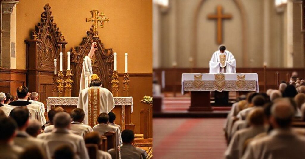 Tradycyjny katolicki ołtarz podczas Mszy Trydenckiej z hostią w monstrancji i kapłanem w sutannie. Tło przedstawia nową Mszę ze stołem modlitewnym i kapłanem zwróconym do ludu.