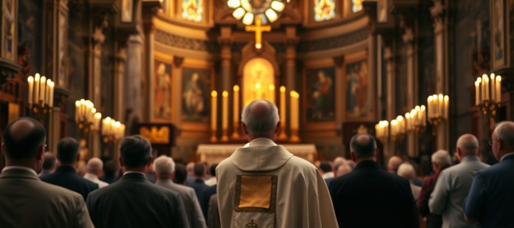 Tradycyjna Msza Trydencka w barokowym kościele z księdzem odprawiającym Mszę w tradycyjnych szatach liturgicznych