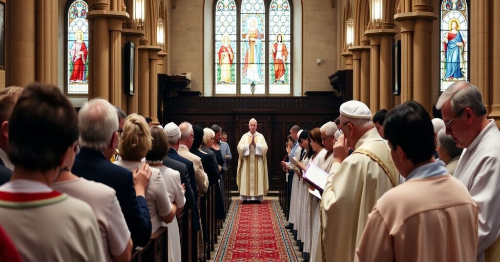Msza trydencka w historycznym kościele z tradycyjnymi wiernymi modlącymi się przed ołtarzem.