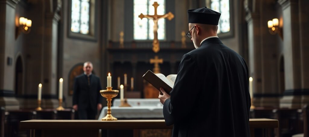 Ksiądz w tradycyjnym stroju odprawiający Mszę Trydencką w ciemnym kościele z zapalonymi świecami i krzyżem na ołtarzu