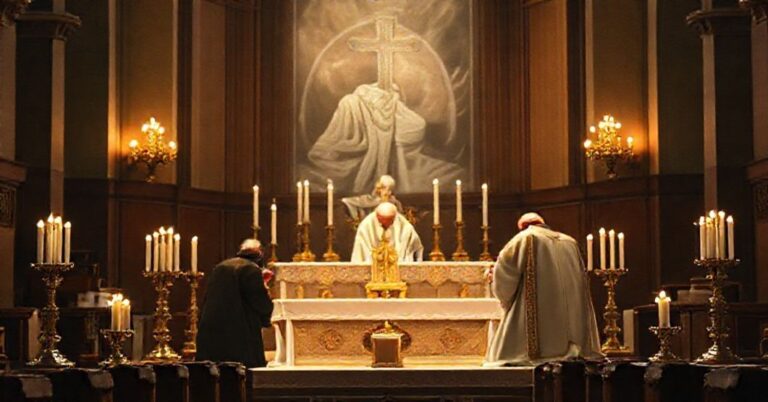 Tradycyjna katolicka Msza trydencka z niejasnym wizerunkiem Jana Pawła II na tle ołtarza