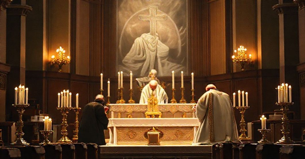 Tradycyjna katolicka Msza trydencka z niejasnym wizerunkiem Jana Pawła II na tle ołtarza