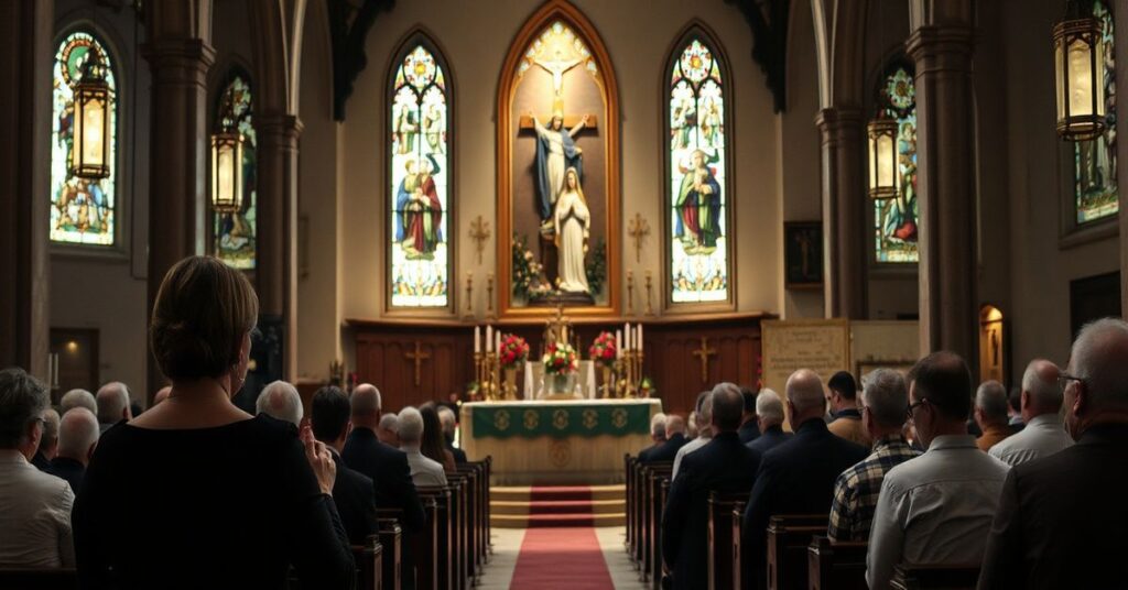 Wnętrze tradycyjnego kościoła katolickiego podczas Mszy Trydenckiej. Kobieta modli się przed rzeźbą świętej Rity otoczoną różami.