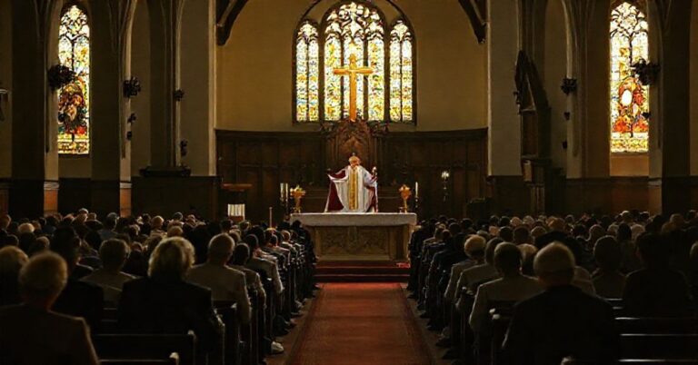 Tradycyjna Msza trydencka w katolickiej świątyni z kapłanem w pełnym stroju liturgicznym i modlącymi się wiernymi. Scena podkreśla szacunek i tradycję w kontrastie z postkoncyliańskimi nowinkami.