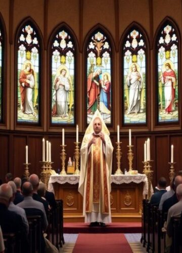 Msza Trydencka - Prawdziwa Ofiara Krzyża Ksiądz w tradycyjnym habitach odprawiający Mszę Trydencką w świecistym kościele z wiernymi modlącymi się klęczącymi. Okna witrażowe przedstawiają starotestamentowe ofiary.
