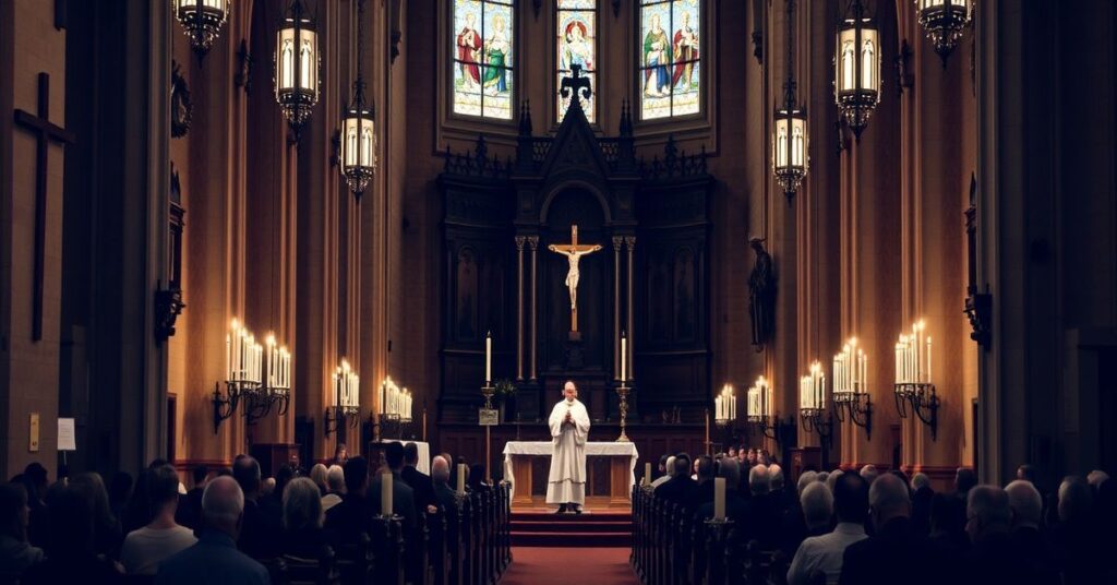 Wnętrze tradycyjnego kościoła katolickiego podczas Mszy Trydenckiej z księdzem w białej ornaty. Wierni klęczą w czci przed ołtarzem.