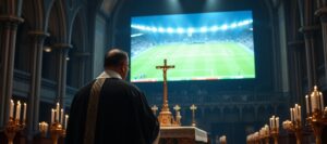 Kapłan odprawiający Mszę Trydencką w pustym kościele z widokiem na mecz piłkarski na ekranie stadionowym