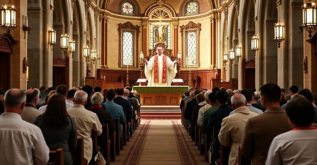 Kapelan odprawiający Mszę Trydencką w historycznym kościele katolickim z wiernymi modlącymi się w tradycyjnym stylu.